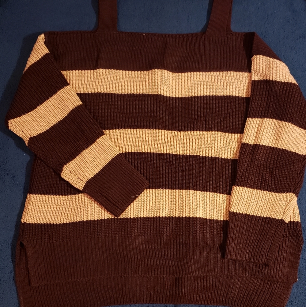 XL NY&CO Purple/Pink Striped Cold-Shoulder Sweater